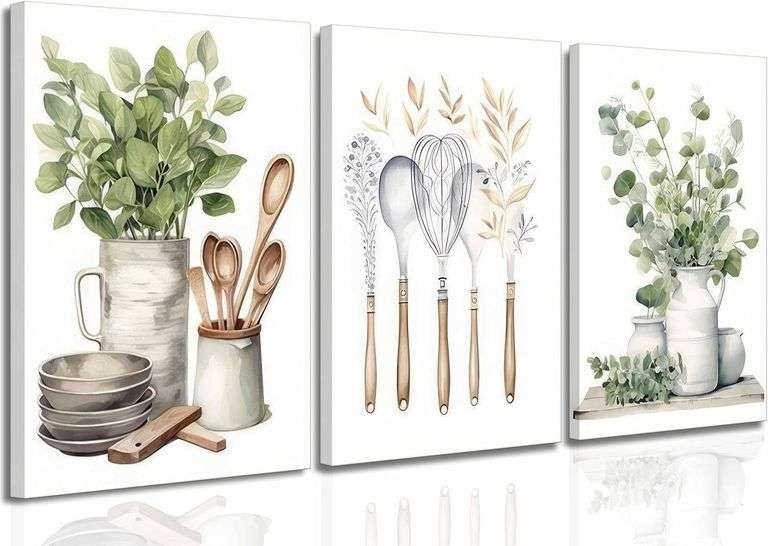 3 Pcs Sage Green Farmhouse Kitchen Canvas Wall Art Minimalist Dining Room Eucalyptus leaves plant Painting Pictures Wall Decor Poster Print Artwork For Dining Room kitchen Home Decoration image