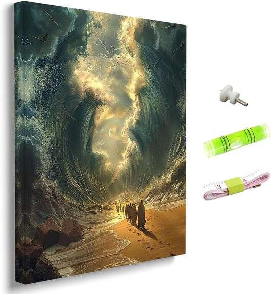 Modern Christian Canvas Wall Art Bible Story of Moses Parting the Red Sea, Religious Jesus Wall Decor Poster for Living Room, Office, Bedroom 16x24in Framed image