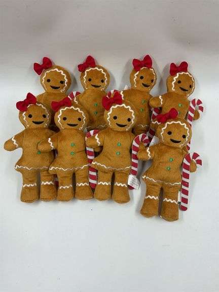 Lot of 9 Plush Gingerbread Dolls with Bows and Candy Canes image