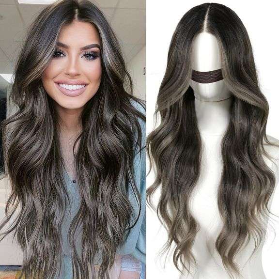 Ombre Grey Wear and Go Glueless Wig with Bangs Body Wave Pre Plucked Synthetic Lace Front Gray Wigs for Women 13x5x1 Pre Cut Lace Glueless Ready to Wear Middle Part 26 Inch image