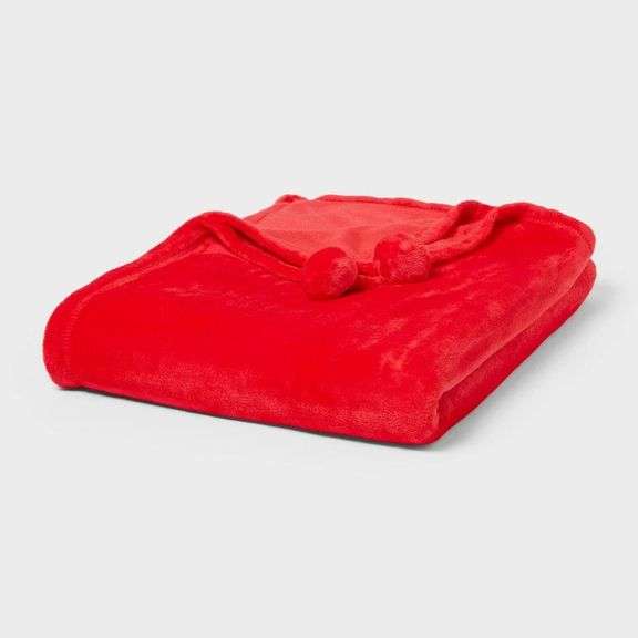 Wondershop Red Plush Pom Pom Blanket - Soft and Cozy Lightweight Warmth image