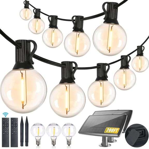 200FT Solar String Lights Outdoor Waterproof with Remote,G40 Solar Powered String Lights with 60+3 LED Shatterproof Bulbs, Dimmable Solar Patio Hanging Lights for Outside Backyard Party image