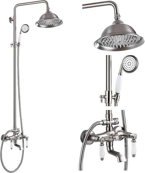 gotonovo Brushed Nickel Shower Faucet 8-inch Shower Head Fixture with Handheld Spray Double Lever Handle Tub Spout Triple Function Bathroom Set Wall Mount image