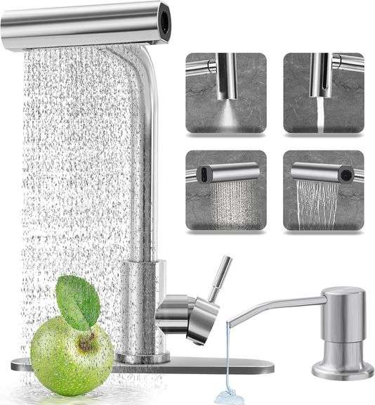 Kitchen Faucets with 4 Modes Pull Down Sprayer, Brushed Nickel Kitchen Sink Faucet with Soap Dispenser, Stainless Steel Modern Waterfall Faucet for Kitchen Sink, Bar, Laundry, Rv image