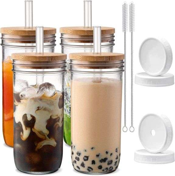 DWTS DANWEITESI Glass Cups with Lids and Straws,24 oz Smoothie Cup with Lid and Straw-Boba Mason Jar,Wide Mouth Reusable Drinking Glasses,Iced Coffee Cups Glass,Vasos De Vidrio 4 Pack image