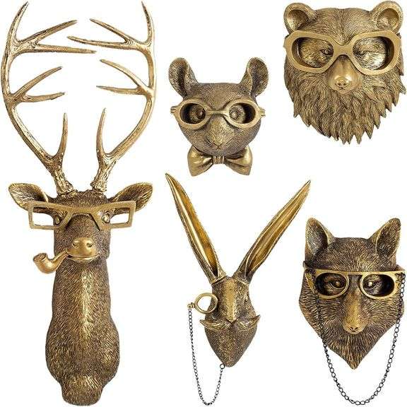 GUASDIE Animal Heads Wall Decor, Faux Deer Head Mount, Animal Sculptures Wall Decor, Resin Animal Head Wall Hanging Decoration for Living Room Bedroom Kitchen Gift,5pcs, 1587574779-65291236 image
