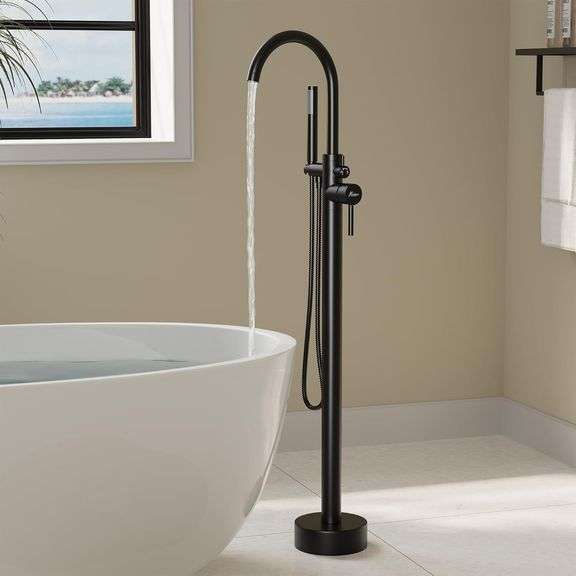 Freestanding Bathtub Faucet, Floor Mount Bathtub Faucet with 2 Water Outlet Modes, Swivel Gooseneck Spout with Hand Shower, Brass Single Handle Tub filler, Max Flow Rate 7.4 GPM, Matte Black image