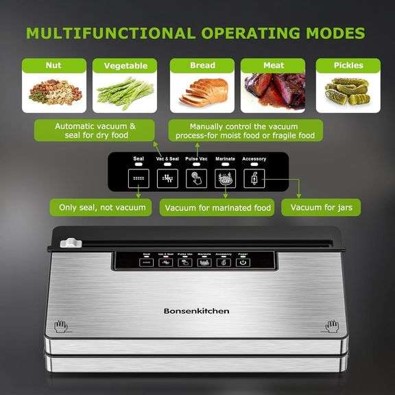 Bonsenkitchen Vacuum Sealer Machine, Stainless Steel Food Sealer with 8-in-1 System, 6 Modes, Built-in Cutter & Bag Storage, Complete Starter Kit, Bright Silver