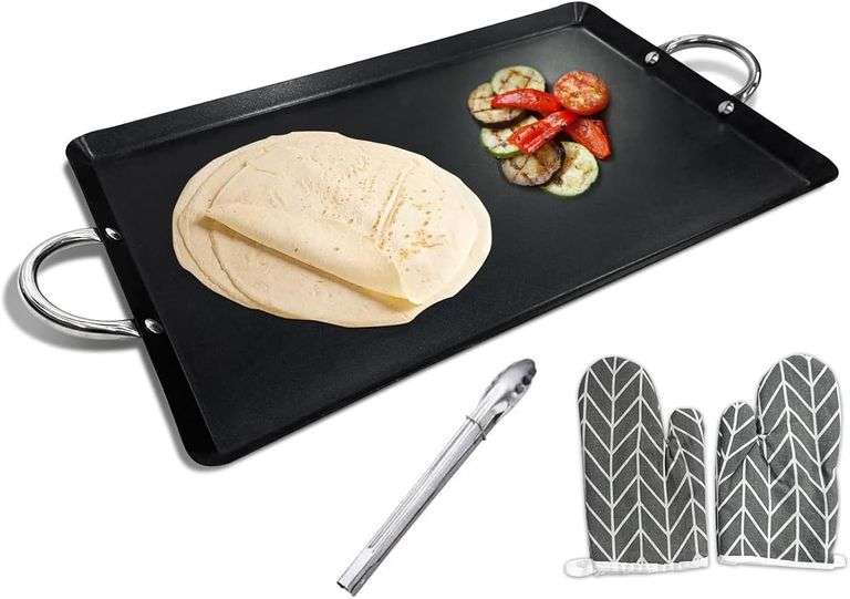 LetFeng 26 Double Burner Griddle Nonstick Double Burner Stainless Steels Stove Top Flat Griddle Coated Cool Touch Handle Oven Safe & Compatible With All Stovetops Black And Silver image