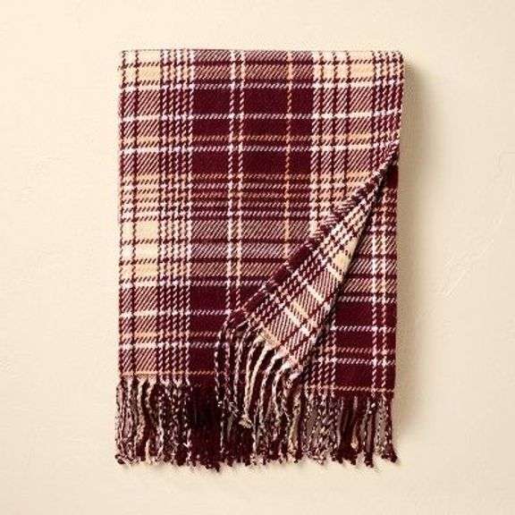 Burgundy Plaid Throw Blanket with Fringe image