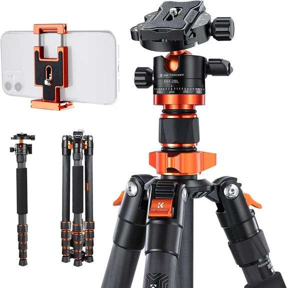 K&F Concept 68" Carbon Fiber Camera Tripod,Compact Tripods with Metal Ball Head,Quick Release Plate,Detachable Monopod 10KG Load for DSLR Cellphone Tripods(SA255C1) D255C4+BH-28L image