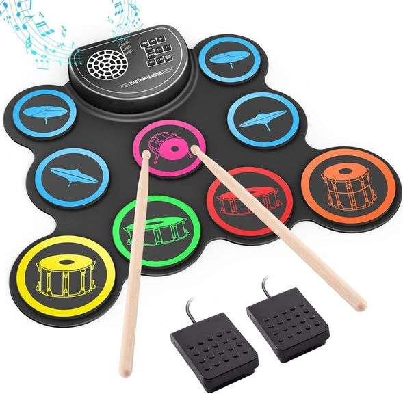 Electronic Drum Set, 9-Drum Practice Pad with Headphone Jack, Roll-up Drum Kit Machine with Built-in Speaker Drum Pedals and Sticks 10 Hours Playtime, Great Christmas for Kids image