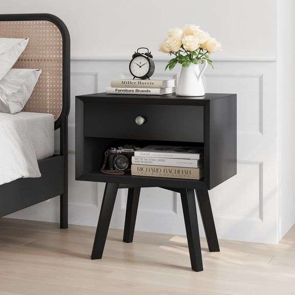 Wooden Nightstand, Mid Century Modern Bedside Table with Drawer, Wood End Table for Small Space, Side Table with Storage, Night Stand for Bedroom image