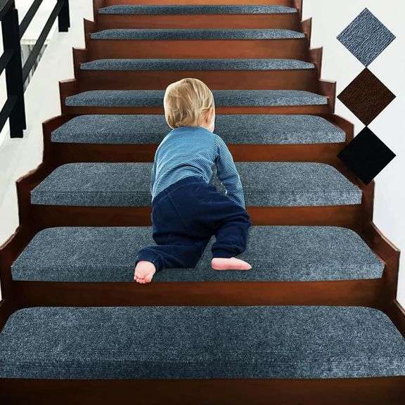 Bullnose Self-Adhesive 9"X36" Stair Treads Carpet Non-Slip and Perfect for Indoor Wooden Steps, Washable and Removable Stair Rugs for Elders and Dogs, Set of 15, Dark Grey image