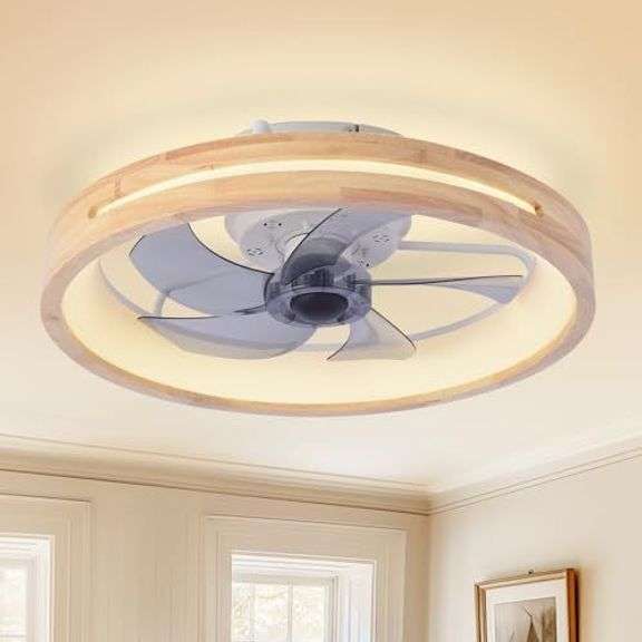 Modern Low Profile Ceiling Fans with Lights and Remote, 20" Wooden Flush Mount Reversible Bladeless Ceiling Fans with Light 3000K-6000K Dimmable LED Timing and 6 Wind Speeds image