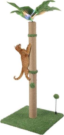 34" LED Cat Scratching Post, Attracts Cats with LED Light, Cat Furniture, Stable Base, Hanging Toy Balls for Large Cats and Kittens, 4 LED Light Settings, Green image