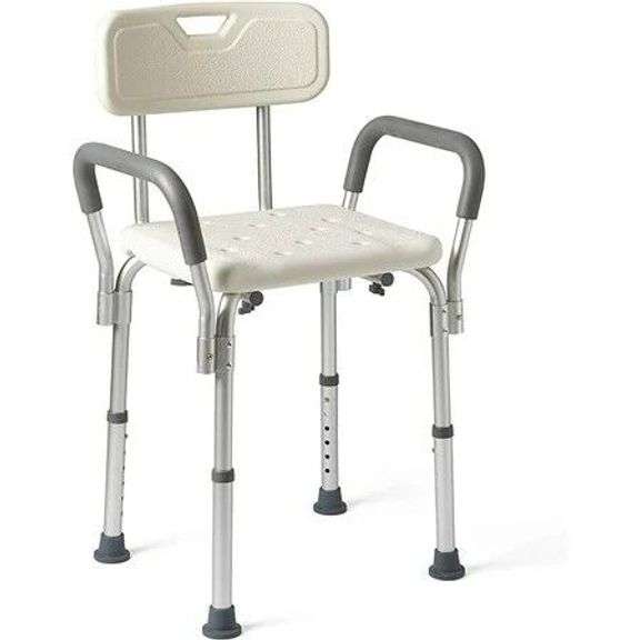 Medline Shower Chair Bath Seat with Back and Padded Armrests, Height Adjustable, Supports up to 350 lbs., White image