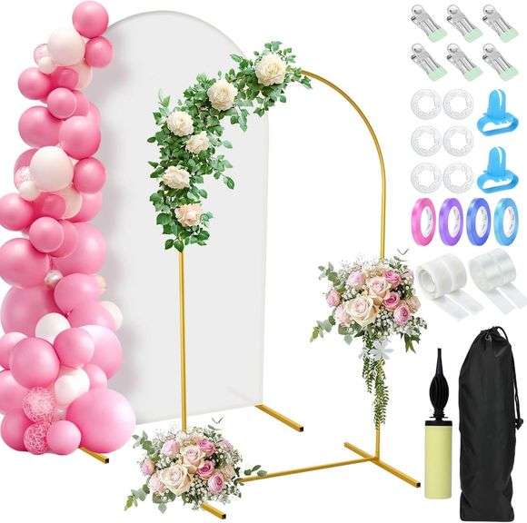 7.2Ft Arch Backdrop Stand and Cover Set, Gold Metal Arch Stand with Storage Bag and Rich Balloon Tool for Wedding Birthday Baby Shower Graduation Event Balloon Flowers Decor, Easy to Assemble image