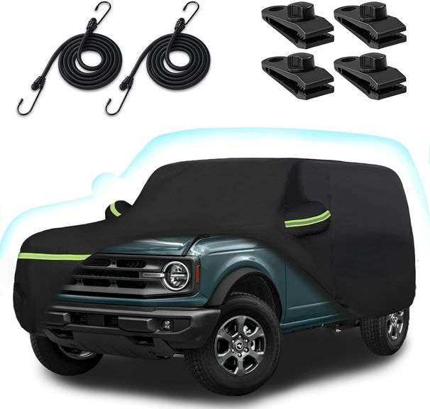 Car Cover for 2021-2025 Bronco 4 Door, 6 Layers Waterproof Sun Rain UV Dust Snow Protection Outdoor Bronco Full Car Cover with Cotton Lining and Zipper Door-Black image
