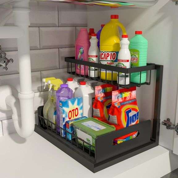 REALINN Under Sink Organizer, Pull Out Cabinet Storage 2 Tier Slide Out Sink Shelf, Kitchen Organizers and Storage, Black, 1 Pack image