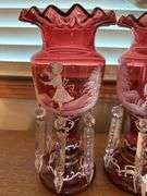 Pair of Mary Gregory Cranberry Glass Lustre Vases