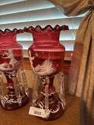 Pair of Mary Gregory Cranberry Glass Lustre Vases