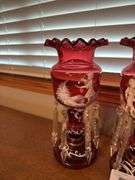 Pair of Mary Gregory Cranberry Glass Lustre Vases