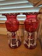 Pair of Mary Gregory Cranberry Glass Lustre Vases