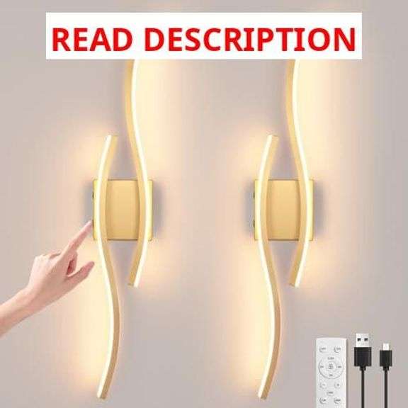 Modern LED Wall Sconce Set of Two, Battery Powered Wall Sconces Set of 2 with Timer, Gold Wall Light with Remote, LED Wall Lamp Indoor not Hardwired for Bathroom Living Room Bedroom Corridor image