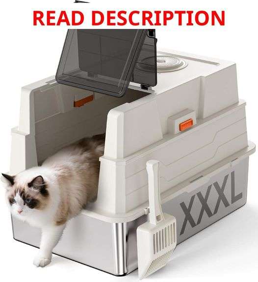 XXXL Stainless Steel Litter Box with Lid,28" L x 20.5" W x 16.5" H Extra Large Cat Litter Box Enclosure for Large and Multi-Cats Families,Non-Sticky, Anti-Leakage, Easy to Clean(White) image
