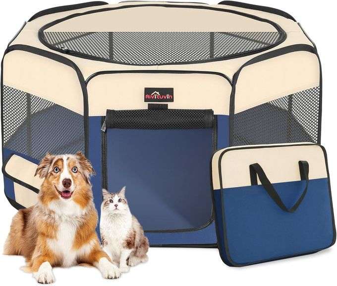 Aivituvin Dog Playpen, Foldable Pet Play Pens with Carrying Bag for Cat, Puppies, Rabbits, Portable Dog Tent Crates Cage for Travel Camping Indoor Outdoor, Removable Shade Cover, Blue M image