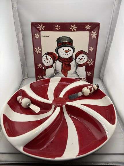 Holiday Serving Set: Snowman Tray, Peppermint Dish with Spreader Knives