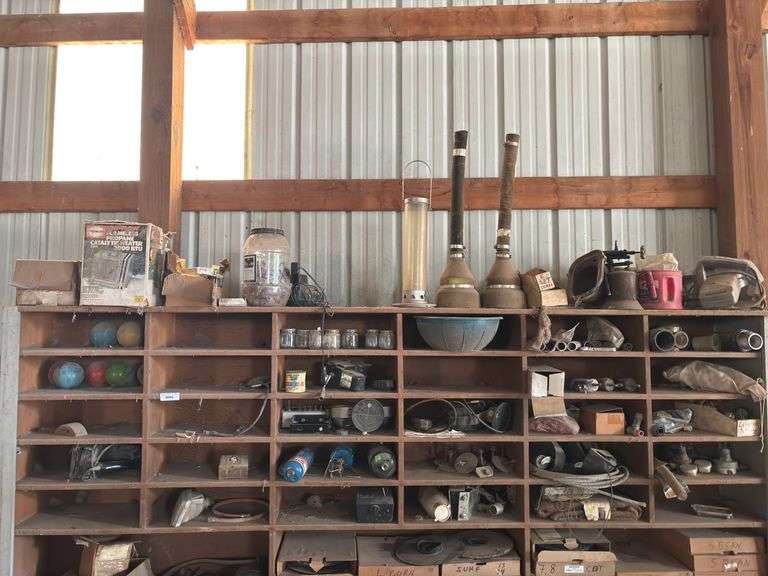 Collection of Assorted Tools and Parts in Wooden Storage Shelves (Does not include planter plates in boxes) image