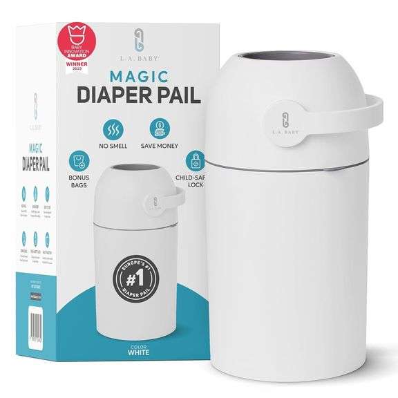 Magic Diaper Pail - Patented 100% Odor-Free System with Child-Safe Lock - Award-Winning Design - No Refills Required - Works with Regular Trash Bags - White image