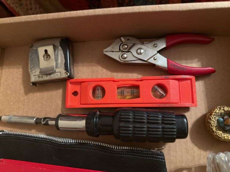 Mixed Lot: Cigar Box, Coin Book, Tools, and More