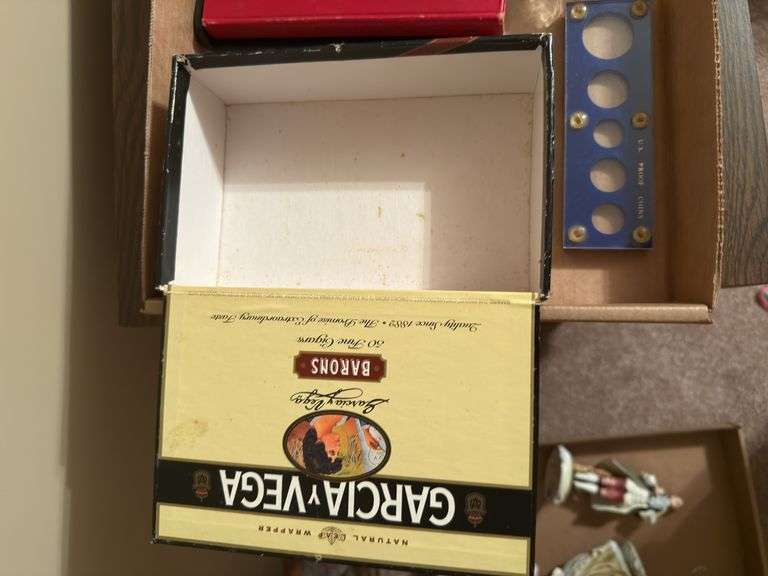 Mixed Lot: Cigar Box, Coin Book, Tools, and More