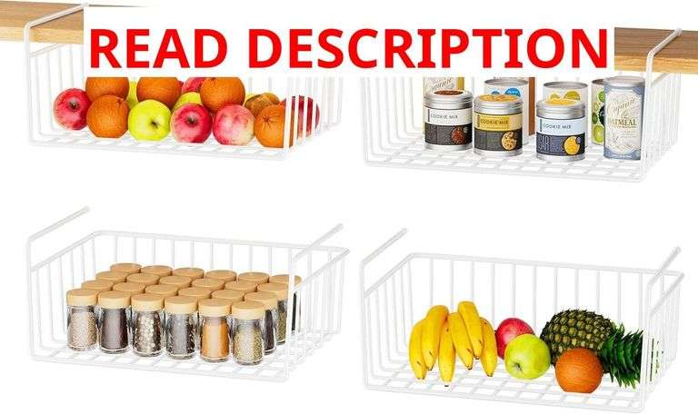 SUFAUY Under Shelf Basket, Hanging Under Cabinet Wire Storage Rack Holds up to 22lbs for Pantry Organizer Cupboard (White, 4 PCS) image