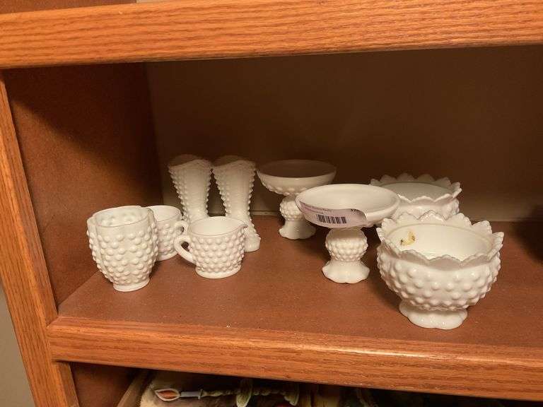 Collection of Milk Glass Vases, Bowls, Booties, Mugs and Candlestick Holders