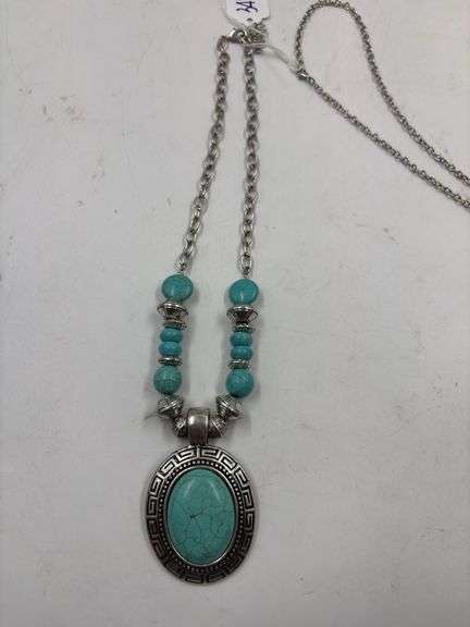 Lot of 2 Fashion Necklaces: Turquoise Oval & Cross Pendant
