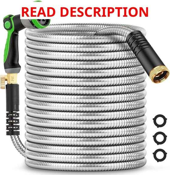 200Ft Metal Garden Hose durable stainless steel Water Hose, flexible, lightweight hose is resistant to kinks and tangles.With 10-way nozzle, strong 3/4 metal fittings, and a Stop Valve. image