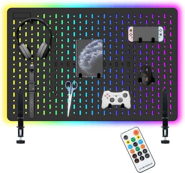 LED Gaming Desk Pegboard,Clamp-on Gaming Desk Organizer,USB Powered,LED Light Desk Pegboard with Music Sync 22.2 x 15inch,Black 1pc image
