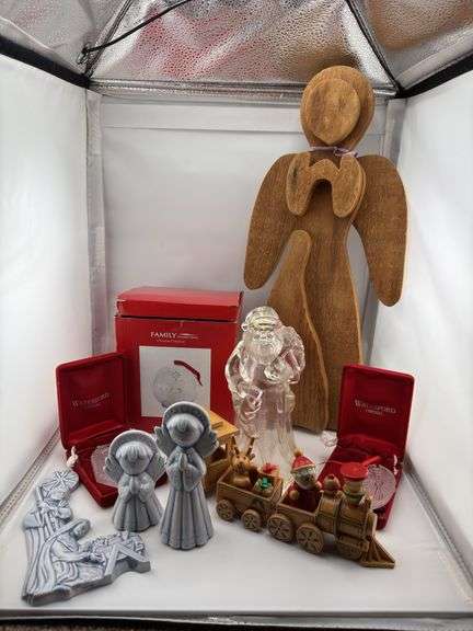 Christmas Decor Lot: Waterford Ornaments, Wooden Angel, Nativity Scene Figurines, & More