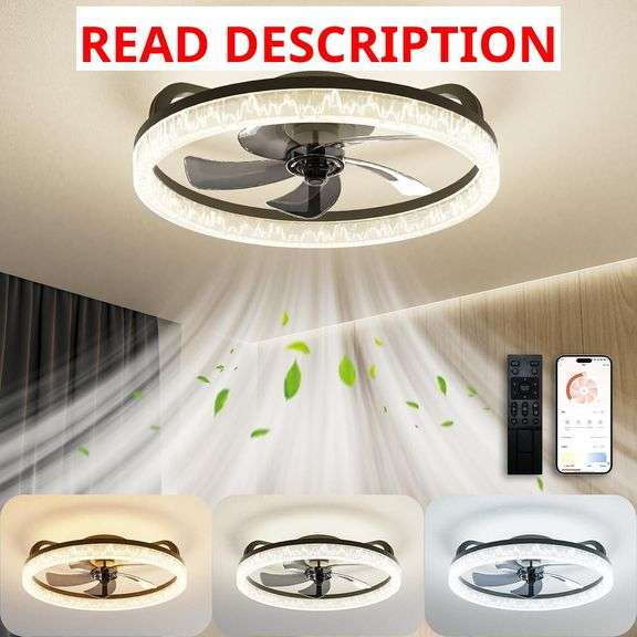 Ceiling Fans with Lights and Remote, Low Profile Ceiling Fan with Light, 19 Flush Mount Modern Fandelier, Bladeless Dimmable LED, 6 Speeds for Bedroom, Living Room image