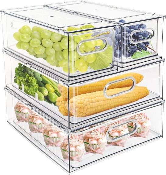 MineSign 4 pack Stackable Refrigerator Organizer Bins Pull-Out Drawers for Fruit and Veggies Storage Organizer for Fridge Clear Drawer Containers with Handle Divided Organization for Produce Saver image