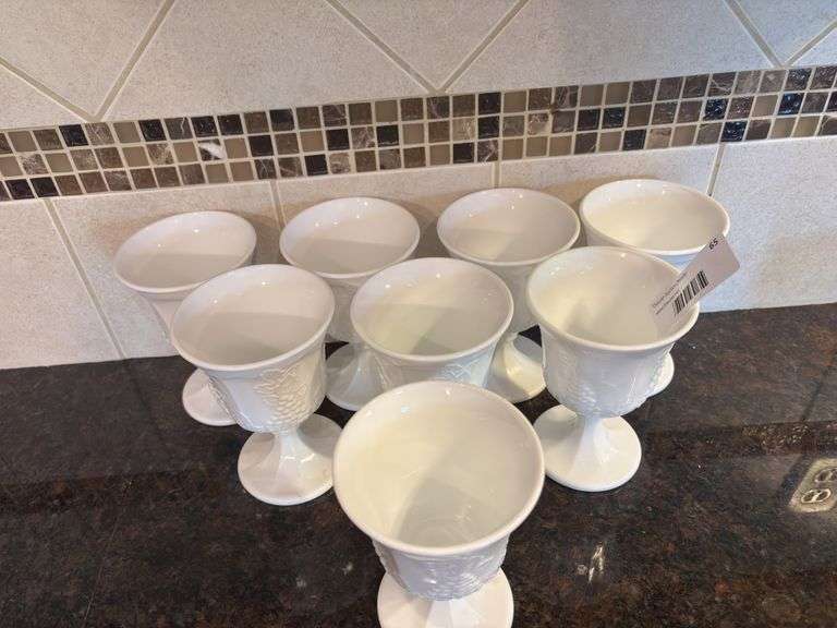Set of 8 White Milk Glass Goblets with Grape Design