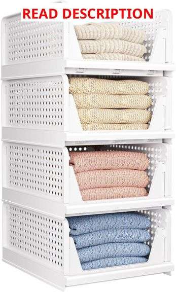 4 Pack Folding Closet Organizers Storage Box, Stackable Storage Bins, Plastic Drawer Basket Closet Storage for Wardrobe Cupboard Kitchen Bathroom Office White-4L image
