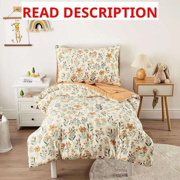 Wake In Cloud - Floral Toddler Bedding Set for Girls, Cute Colorful Botanical Flowers, 4 Pieces Soft Crib Bed Set Including Comforter, Sheets and Pillowcase, Orange Cream image