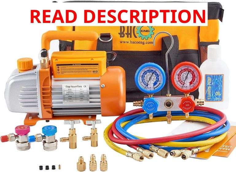 BACOENG 3.6CFM 1/4HP AC Vacuum Pump and Manifold Gauge Set for R134a R12 R410a HVAC Air Conditioning Refrigeration, Includes Can Tap, Quick Coupler Adapters and Carry Bag image