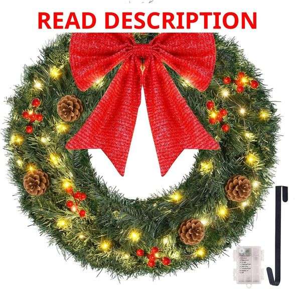 Prelit Outdoor Christmas Door Wreath - 24inch with 60led Lights, PVC Tips, Red Bows, Pine Cones, Berries - Hanger