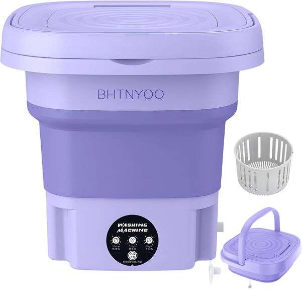 Portable Washing Machine,BHTNYOO Mini Washers Dryers Baby Clothing,underweal,Socks, Small clothes Moving Folding Washers with Drying Basket,for Apartments, Dormitories Touch control(Purple 8L) image